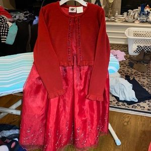 Girls red embroidery flowers sleeveless dress & matching frilly trim sweater 6X